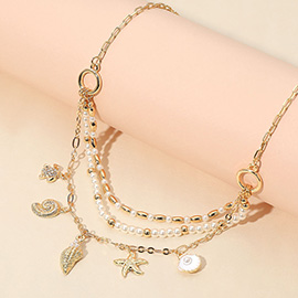 Metal Conch Swirl Shell Turtle Charm Pearl Beaded Multi Layered Necklace