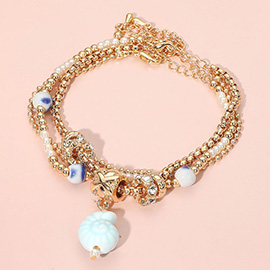 3PCS - Nautical Ceramic Shell Charm Accent Pearl Crystal Metal Beaded Multi Layered Bracelets