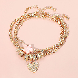 3PCS - Stone Paved Heart Ceramic Flower Charm Accent Beaded Multi Layered Bracelets