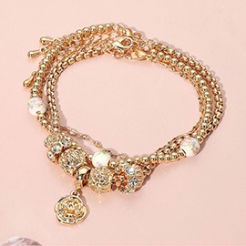 3PCS - Metal Rose Charm Floral Ceramic Metal Ball Beaded Multi Layered Bracelets