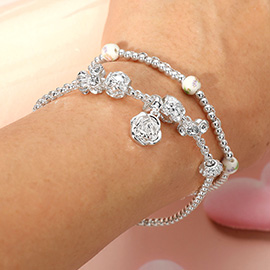 3PCS - Metal Rose Charm Floral Ceramic Metal Ball Beaded Multi Layered Bracelets