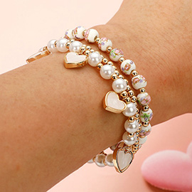 3PCS - Mother of Pearl Heart Charm Floral Ceramic Ball Pearl Beaded Stretch Multi Layered Bracelets