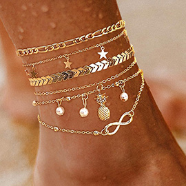 5PCS - Pineapple Star Pearl Infinity Charm Accent Boho Layered Chain Anklet Set