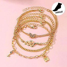 4PCS - Butterfly Snake Key Lock Charm Layered Chain Anklet Set