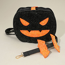 Bling Studded Halloween Pumpkin Face Bat Strap Crossbody Bag