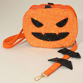 Bling Studded Halloween Pumpkin Face Bat Strap Crossbody Bag