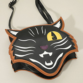 Faux Leather Halloween Winking Black Cat Face Crossbody Bag