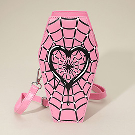 Faux Leather Gothic Heart Spiderweb Printed Coffin Crossbody Bag
