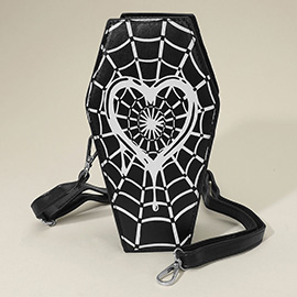 Faux Leather Gothic Heart Spiderweb Printed Coffin Crossbody Bag