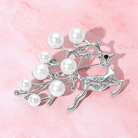 Pearl Accented Christmas Metal Rudolph Pin Brooch