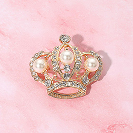 Pearl Accent Stone Paved Regal Crown Pin Brooch