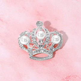 Pearl Accent Stone Paved Regal Crown Pin Brooch