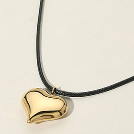 Puffy Metal Heart Pendant Faux Leather Cord Necklace
