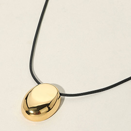 Puffy Metal Oval Pendant Faux Leather Cord Necklace