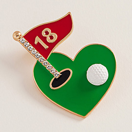 Enamel Rhinestone Accent Heat Shaped Golf Green Pin Brooch