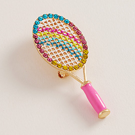 Rhinestone Rainbow Tennis Racket Pin Brooch