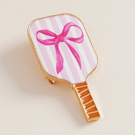 Bow Striped Enamel Pickleball Paddle Pin Brooch