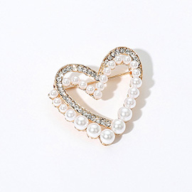 Pearl Rhinestone Open Double Heart Pin Brooch