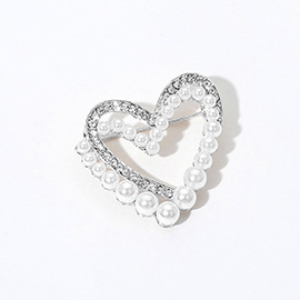 Pearl Rhinestone Open Double Heart Pin Brooch