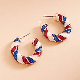 Patriotic American USA Glittered Enamel Twist Hoop Earrings