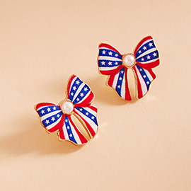 Pearl Pointed Enamel American USA Flag Bow Stud Earrings