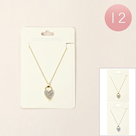 12PCS - Stainless Steel Stone Paved Heart Lock Pendant Necklaces