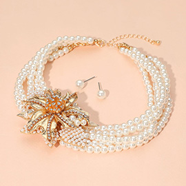 Rhinestone Embellished Flower Accent Layered Pearl Strand Choker Necklace