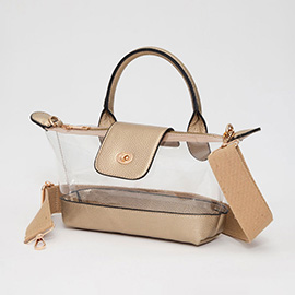 Faux Leather Compact Transparent Top Handle Crossbody Bag