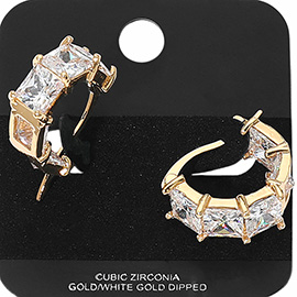 Gold Dipped Princess Cut CZ Stone Cluster Around Pin Catch Small Hoop Earrings