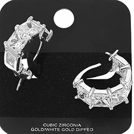 Gold Dipped Princess Cut CZ Stone Cluster Around Pin Catch Small Hoop Earrings