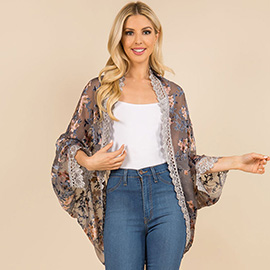 Scalloped Lace Trim Open Front Burnout Floral Print Kimono Wrap Poncho