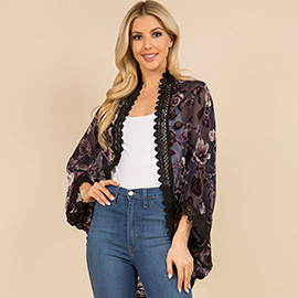 Scalloped Lace Trim Open Front Burnout Floral Print Kimono Wrap Poncho