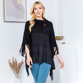 Button Neckline Fringe Trim Gradient Color Block Knit Poncho