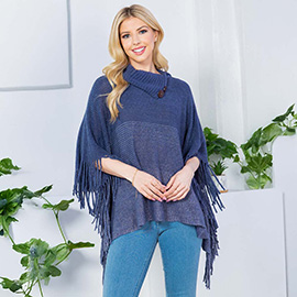 Button Neckline Fringe Trim Gradient Color Block Knit Poncho