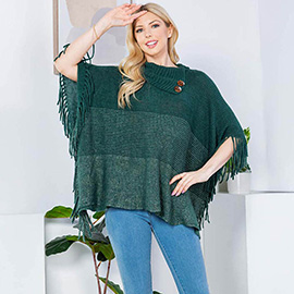 Button Neckline Fringe Trim Gradient Color Block Knit Poncho