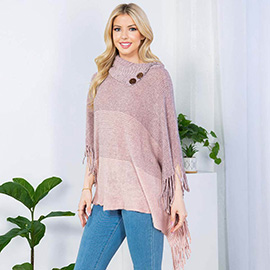 Button Neckline Fringe Trim Gradient Color Block Knit Poncho