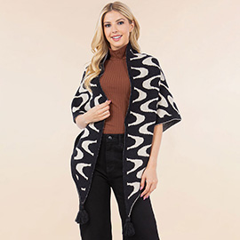 Abstract Wavy Pattern Printed Tassel Trim Accent Open Front Cape Poncho