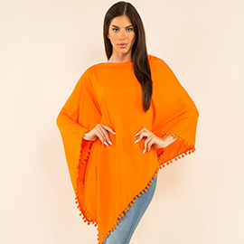 Pom Pom Trim Solid Asymmetrical Poncho
