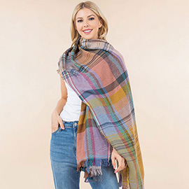 Oversized Frayed Edge Soft Weave Plaid Scarf