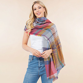 Oversized Frayed Edge Soft Weave Plaid Scarf