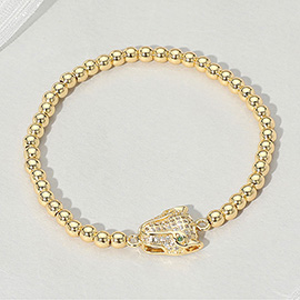 Stainless Steel Rhinestone Paved Leopard Panther Head Beaded Stretch Bracelet