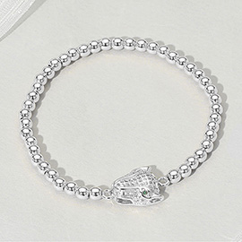 Stainless Steel Rhinestone Paved Leopard Panther Head Beaded Stretch Bracelet