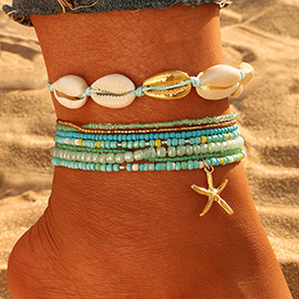 6PCS - Starfish Charm Accented Conch Shell Seed Beaded Multi Layered Anklets