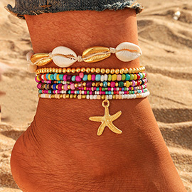 6PCS - Starfish Charm Accented Conch Shell Seed Beaded Multi Layered Anklets