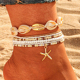 6PCS - Starfish Charm Accented Conch Shell Seed Beaded Multi Layered Anklets