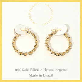 18K Gold Filled Hypoallergenic Twisted Rope Hoop Pin Catch Earrings