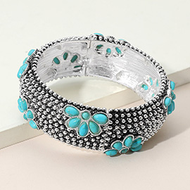 Embossed Floral Pattern Textured Metal Stretch Bracelet
