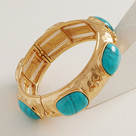 Marbled Oval Stone Accent Boho Hammered Metal Stretch Bracelet