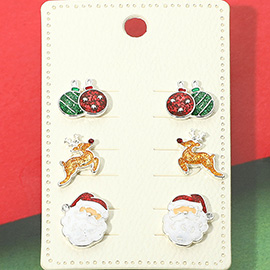 3Pairs - Christmas Enamel Ornament Reindeer Santa Stud Earring Set