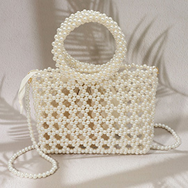 Elegant Pearl Beaded Round Handle Lattice Handbag / Crossbody Bag
